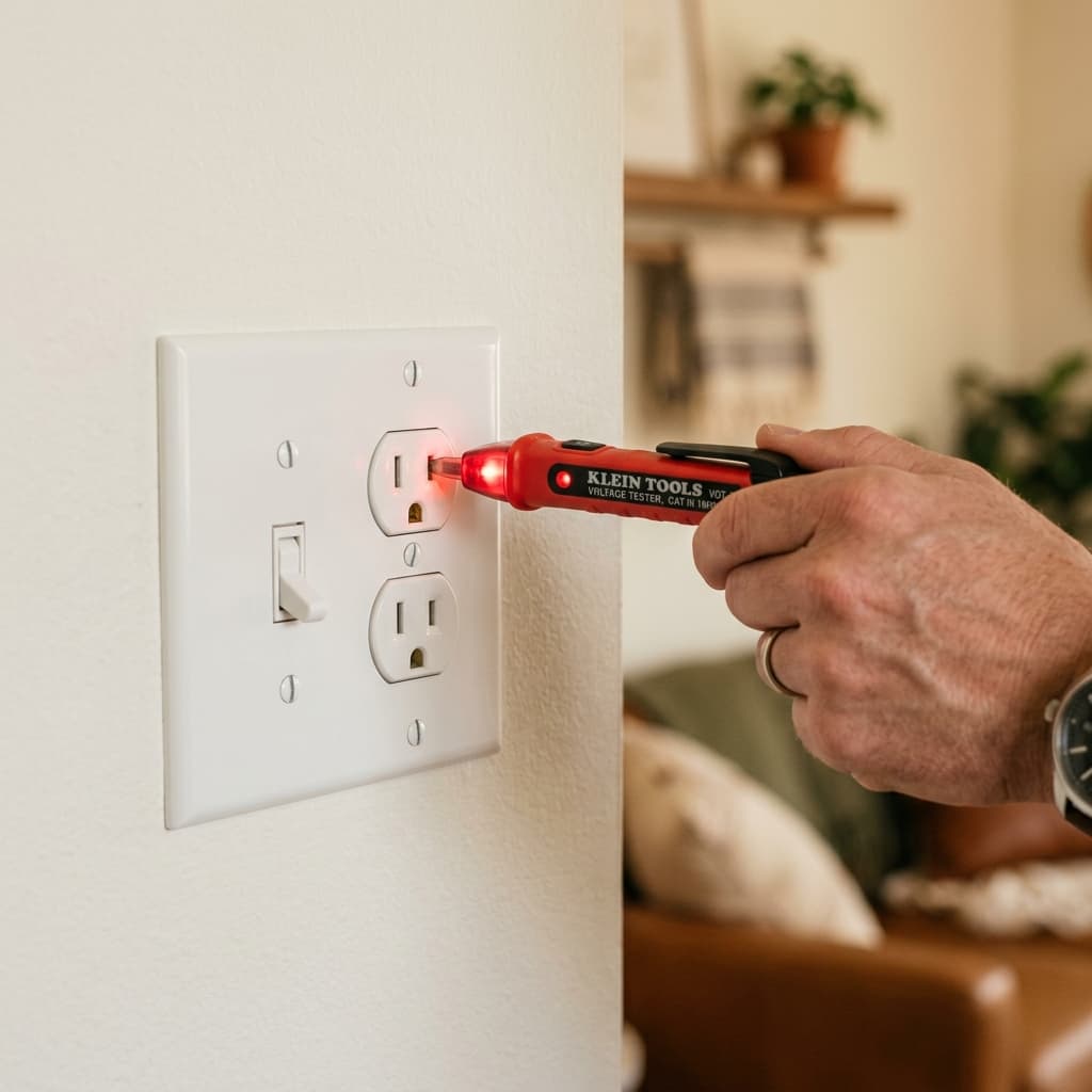 Voltage tester at residential electrical outlet